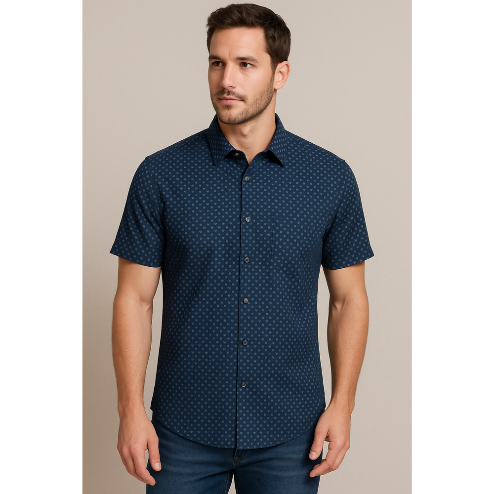Nordstrom Shirt Mens Large Blue Trim Fit Tech Printed Short Sleeve Button-Up